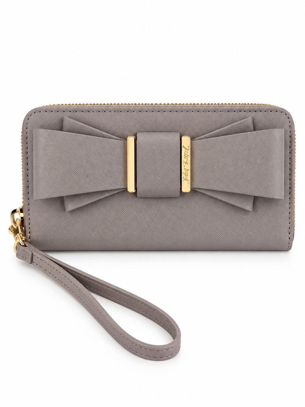 NWT Betsey Johnson Grey Bow Zip Around Wristlet Wallet Gold Hardware